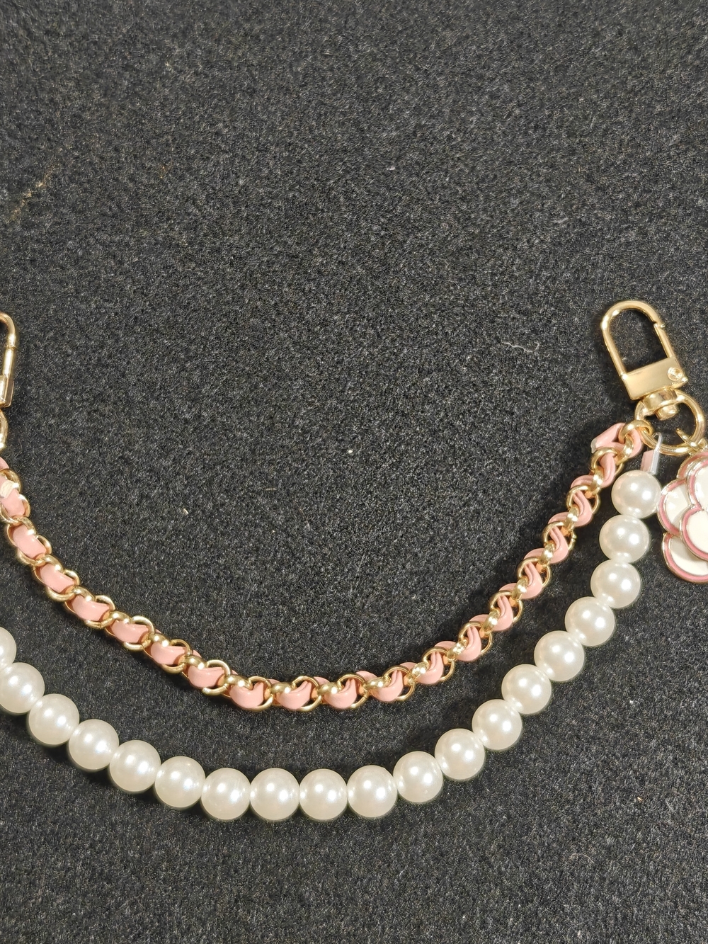 Pink Pearl and Chain Bag Charm Camelia Accent